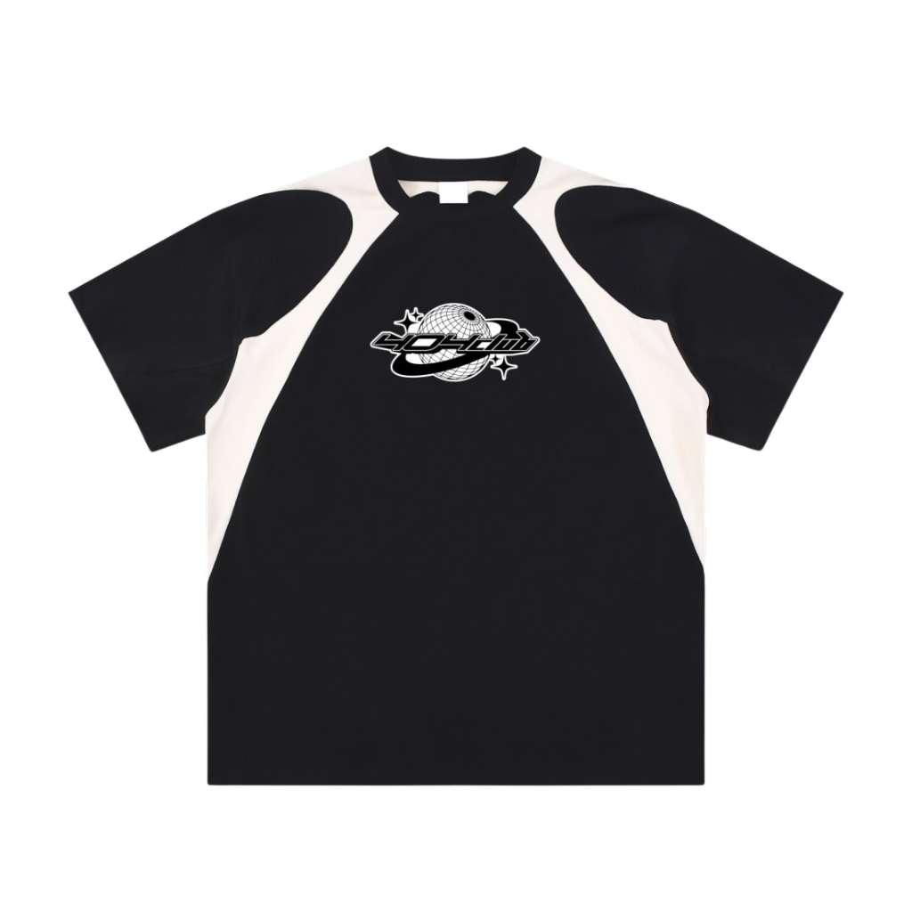 404Club black graphic streetwear tee with white raglan sleeves and bold chest logo design